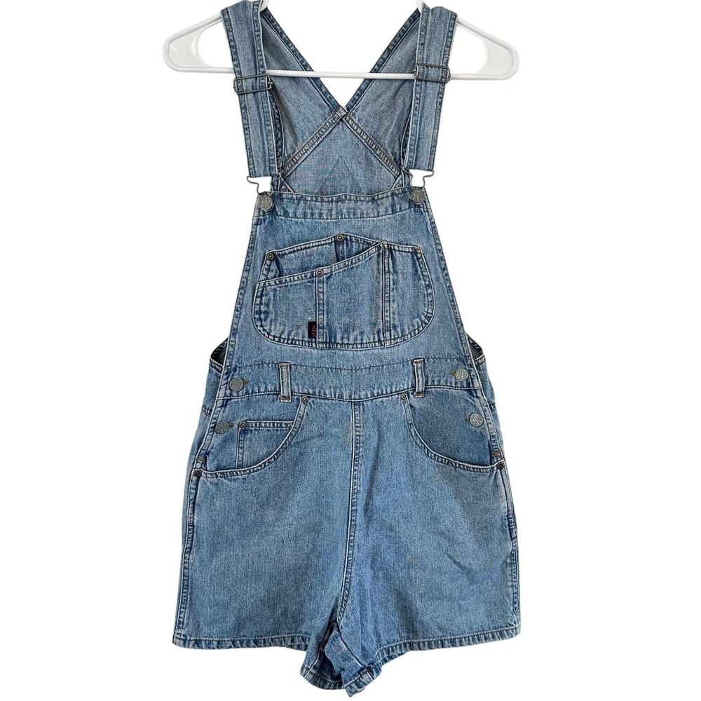 Vintage Y2K 90s Squeeze Denim Short Bib Overalls Womens Medium Grunge Festival